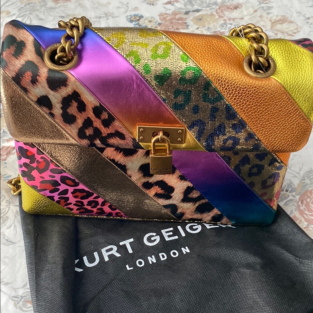 Kurt Geiger Pink and Orange Shoulder Bag with Gold Chain